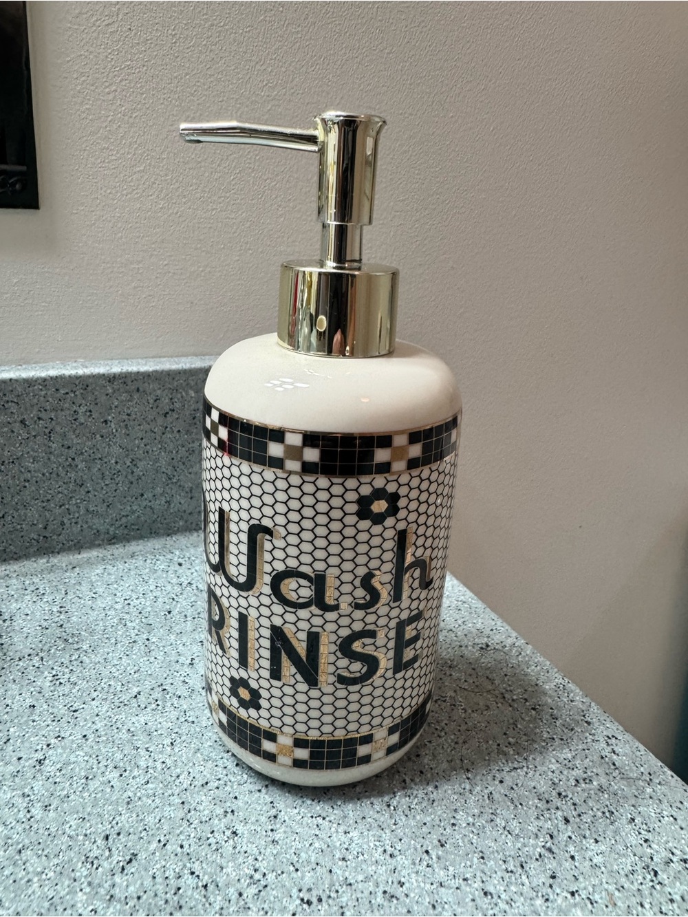 Anthropologie Bistro Tile Stoneware 24k gold accent Soap Pump